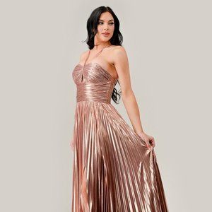 BRAND NEW LONG A-LINE SLEEVELESS LAME' DRESS WITH ADJUSTABLE SPAGHETTI STRAPS